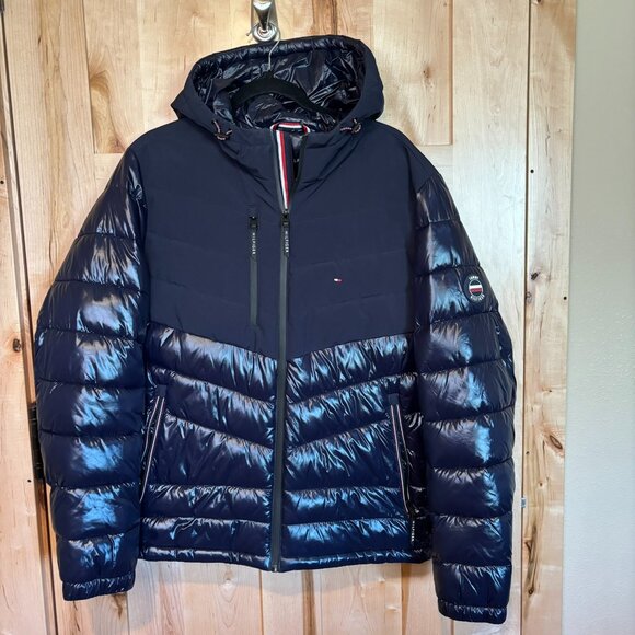 Tommy Hilfiger Multimedia Puffer Jacket Hooded M Dark Blue Warm Shiny - Picture 1 of 10